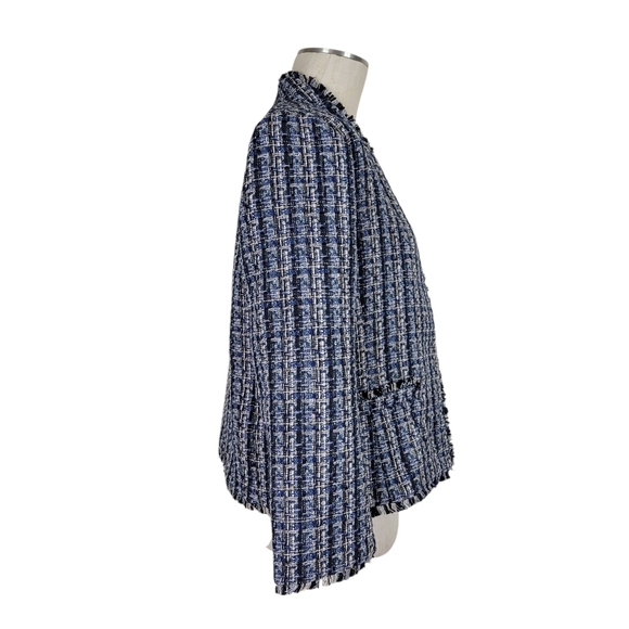 Ann Taylor Factory Tweed Skirt Suit 12 Black Tan Fringe Trim Pockets Open Front - Picture 5 of 11